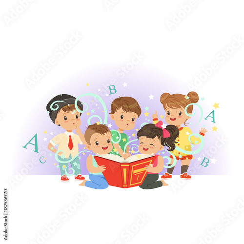 Adorable preschool kids, boys and girls reading educational magic book. Happy and interesting childhood. Isolated flat vector illustration