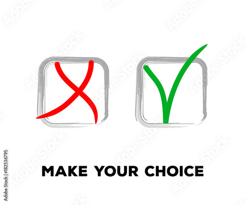 Yes and No Vector Set Square Frames, Isolated.  Hand Painted Election, Quizz, Voting, Test Symbols. Ink Brush Rejection and Approval, Query Choice Icons. Yes and No Tick and Cross Symbolic Marks.
