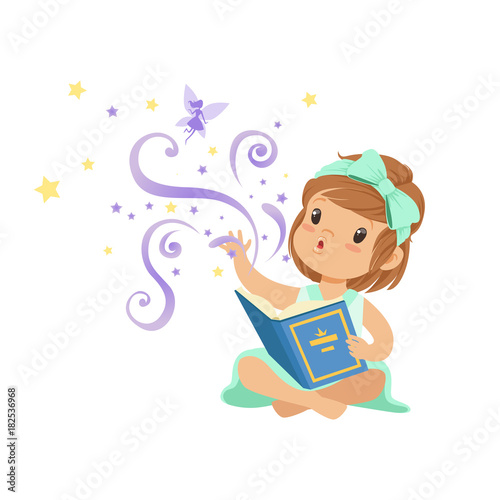 Excited toddler girl sitting with open magic book and stretching her hand to fairy. Cartoon kid character with great imagination. Isolated flat vector