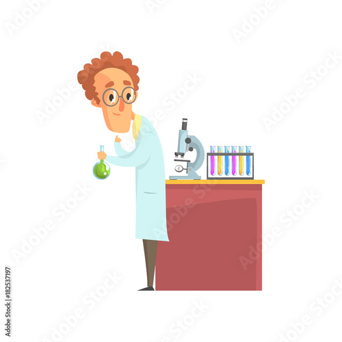 Scientist in white coat conducting experiments with liquids. Medical laboratory equipment test tubes and microscope on the table. Isolated flat vector