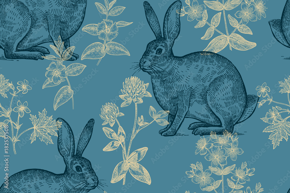 Obraz premium Seamless pattern with animals and flowers.