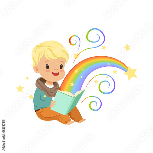 Adorable little boy reading magic book with fairy tales. Cartoon baby character. Children s imagination, rainbow and stars. Flat vector illustration
