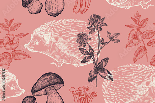 Seamless pattern with animals, flowers and mushrooms.