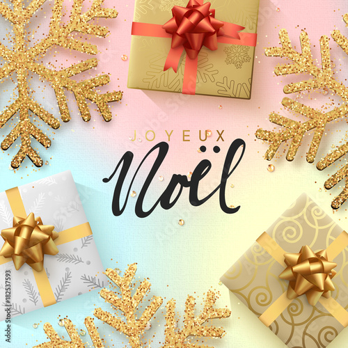 Christmas background with shining gold snowflakes and gift box.