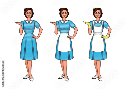 Set of vector illustration of a beautiful woman standing front. A pretty girl is pointing at something. A young woman in the style of 40-50's is dressed in an apron and gloves.