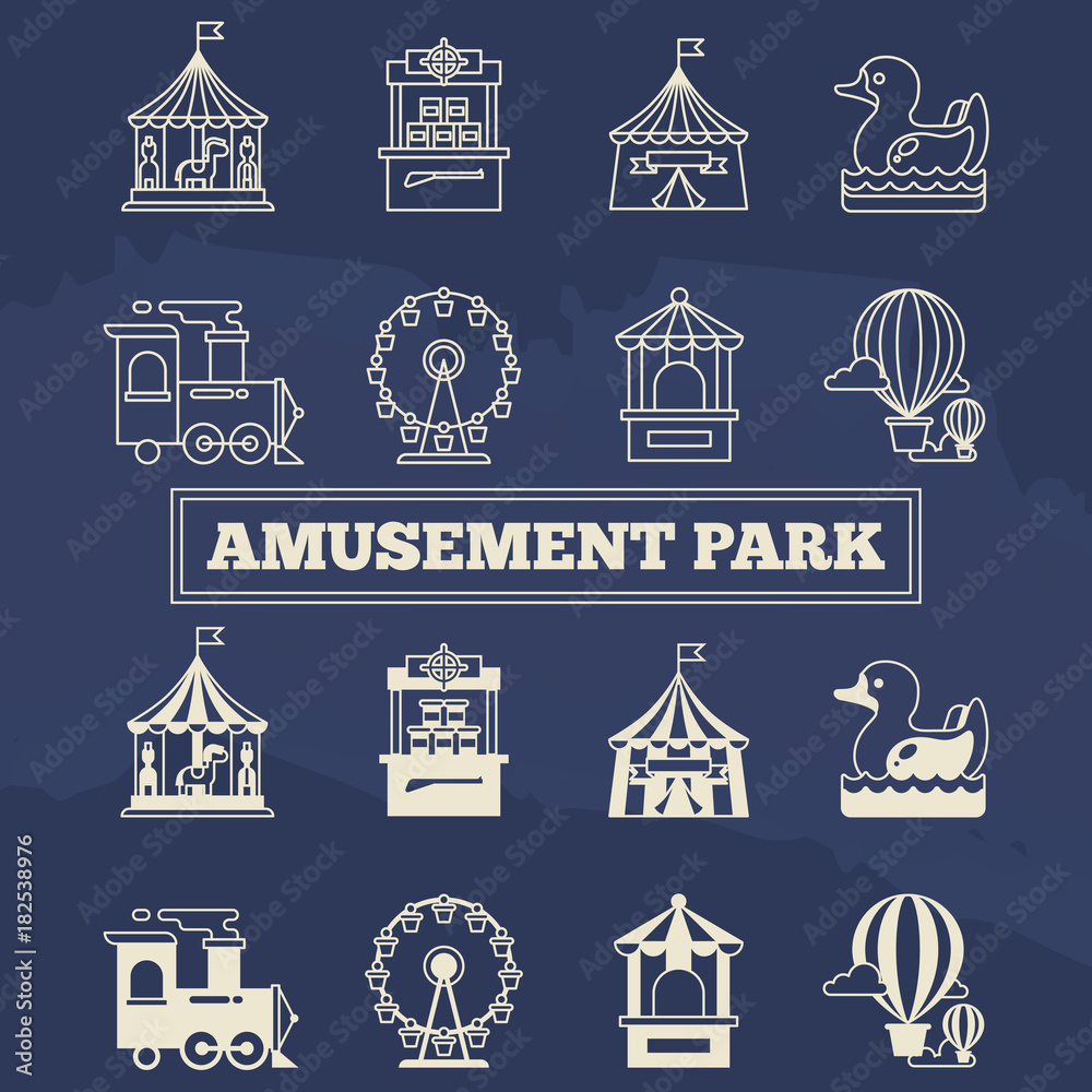 Luna park thin line and silhoette icons set