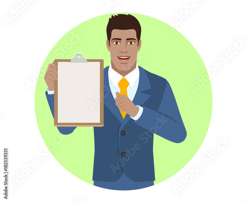 Self-promotion. Businessman holding the clipboard and pointing at himself