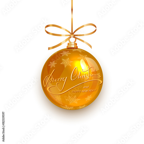 Gold ball with snowflakes and text Merry Christmas and Happy New Year