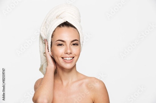 Beauty portrait of a cheerful smiling half naked woman