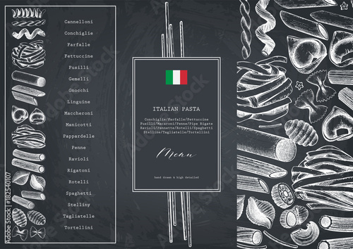 Vector menu template with traditional Italian pasta. Hand drawn food sketch.  Vintage card or invitation design for cafe or restaurant design. Outlines on chalkboard