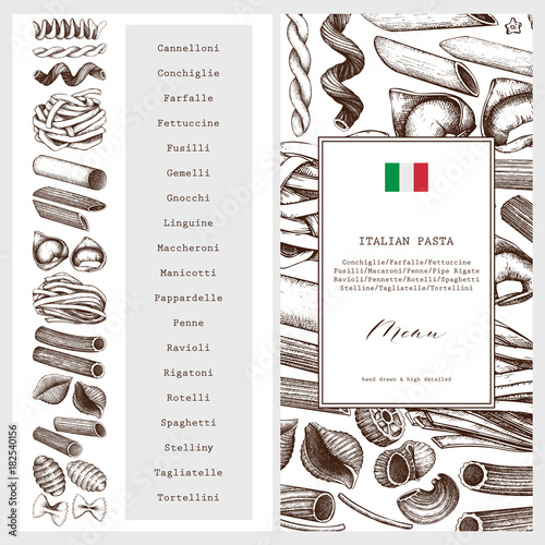 Vector menu template with traditional Italian pasta. Hand drawn food sketch.  Vintage card or invitation design for cafe or restaurant design. Outlines on white background.