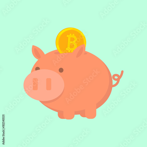 Cryptocurrency Bitcoin. The gold coin is placed in a piggy bank. Vector icon. Buy and sell virtual money.