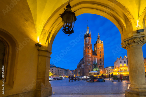 St. Mary Basilica view from the Krakow Cloth Hall at dusk, Poland
