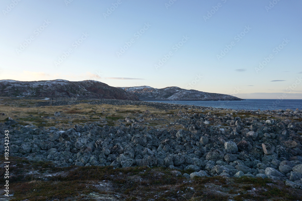 Landscape of round shape rocks beach in Terriberka