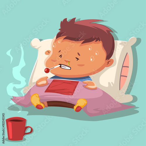 Flu cartoon vector illustration with a sick child character on a pillow and covered with a blanket, with runny nose and a thermometer in the mouth with a high fever and hot chicken broth in a mug.