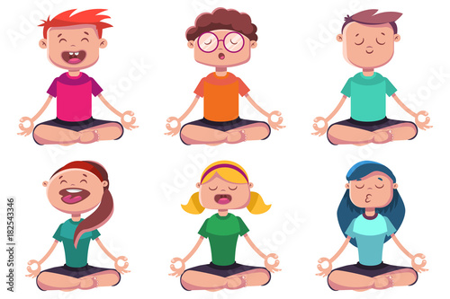 Meditation of young people engaged in yoga. Vector cartoon character set of man and woman sitting in lotus pose.