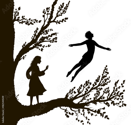 boy and girl on the big tree, tree of childhood, childhood memory, way to the wonderland,
