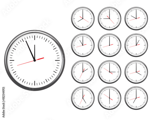 Wall office clock icon set. showing every hours.