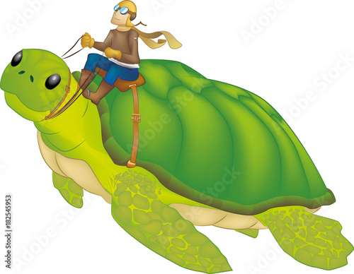Tartaruga volante con pilota. Illustrazione fantasy vettoriale
