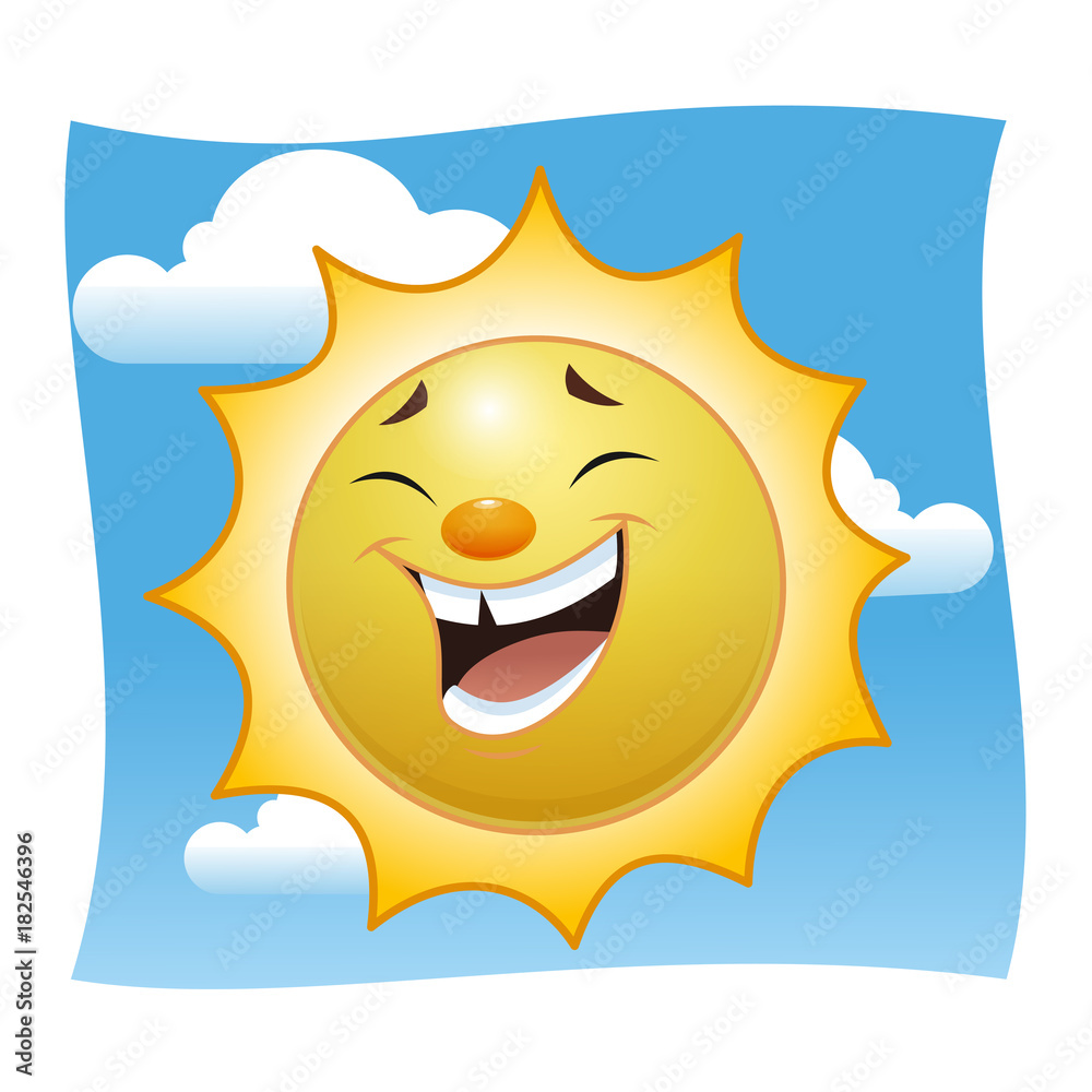 A laughing cartoon sun. Against a blue sky with clouds. Vector illustration.
