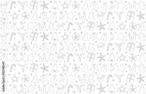 Christmas background with silver hand drawn ornaments. Vector.