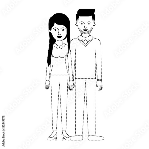 couple in black dotted silhouette and her with blouse long sleeve and pants and heel shoes with braid and fringe hairstyle and him stubble beard and sweater and pants and shoes with side parted