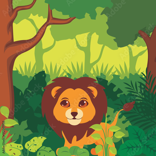 Cute lion in the jungle illustration vector