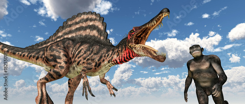 Dinosaurier Spinosaurus und Homo habilis © Michael Rosskothen