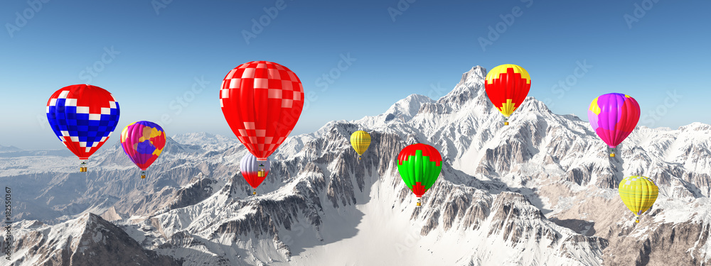 Obraz premium Balony na ogrzane powietrze przed ośnieżonymi szczytami gór