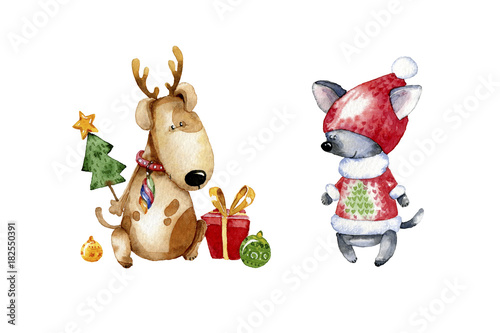 Cute cartoon puppy illustration. Watercolor illustration for Christmas. Dog year greeting card.