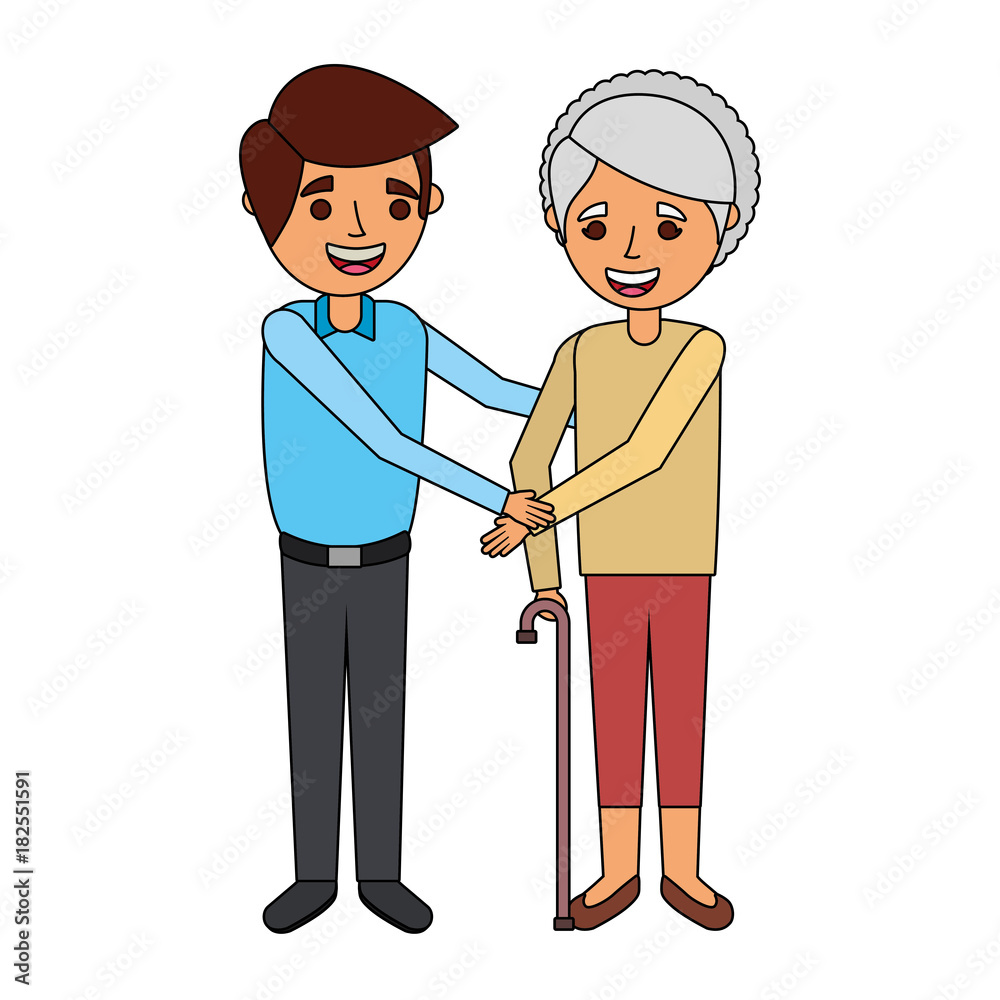 Fototapeta premium older woman grandma with young man holding hands vector illustration