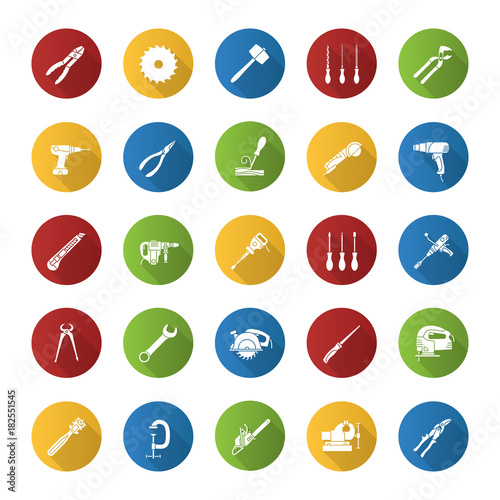 Construction tools flat design long shadow glyph icons set