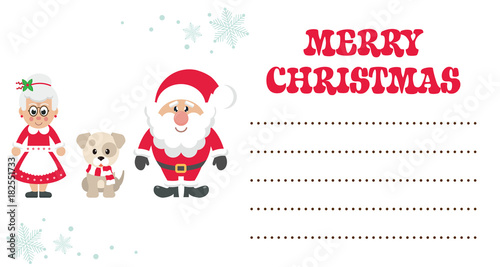 cartoon mrs santa and santa claus with winter dog christmas card