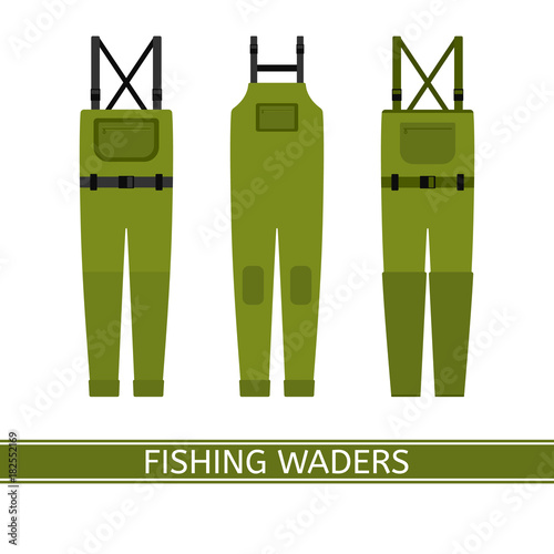 Vector illustration of stockingfoot fishing waders isolated on white background. Waterproof hunting clothing in flat style. photo