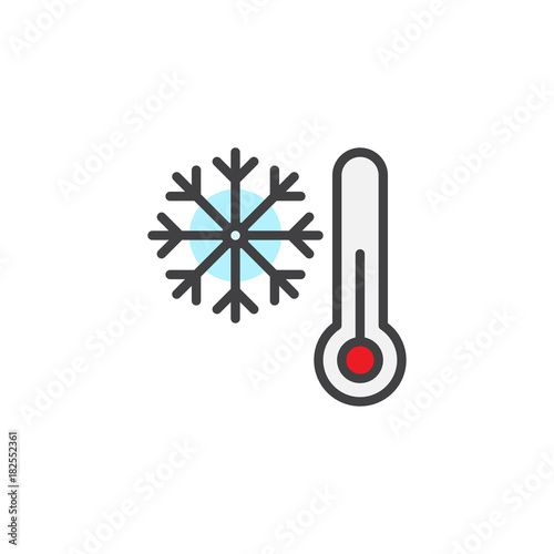 Thermometer and snowflake filled outline icon, line vector sign, linear colorful pictogram isolated on white. Cold winter weather symbol, logo illustration. Pixel perfect vector graphics