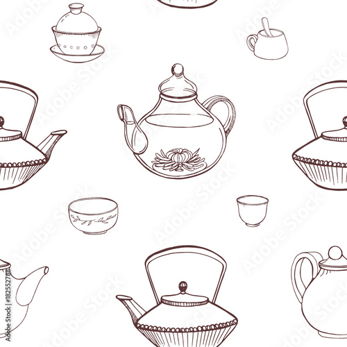 Elegant monochrome seamless pattern with traditional Japanese tea ceremony to...