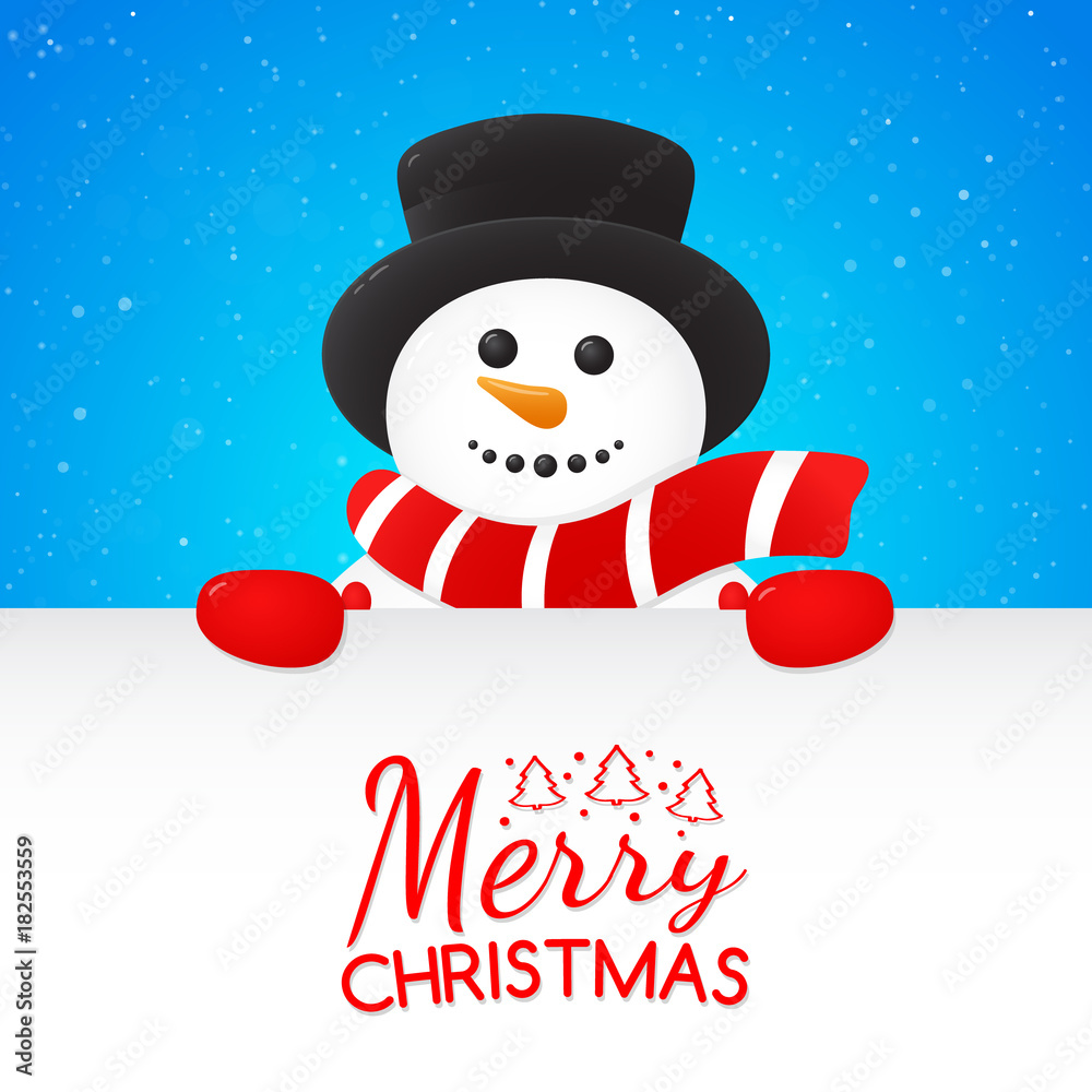 Happy Snowman holding a card with Christmas wishes on background with snowflakes. Vector. Happy Snowman holding a card with Christmas wishes on background with snowflakes. Vector.