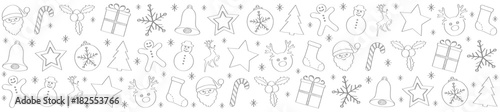 Panoramic header with hand drawn Christmas decorations. Vector.