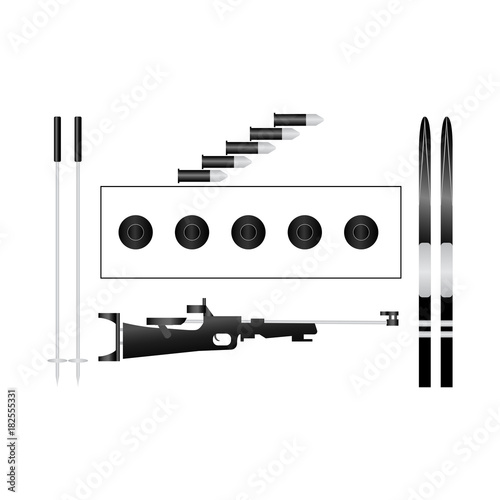 Set of biathlon equipment (target, skis, cartridges, rifle, sticks). Winter sport icons.Vector illustration. White background