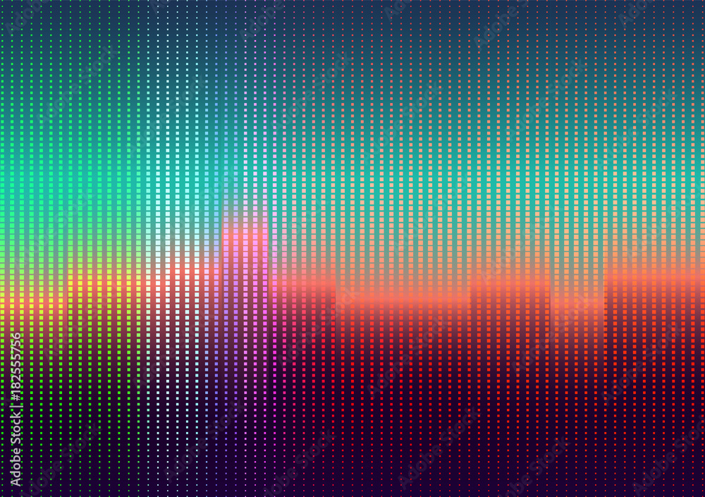 Abstract Digital Urban Landscape of Colorful Square Dots. Futuristic Blur Background. 