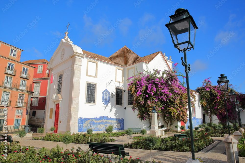Santa Luzia viewpoint (miradouro) with Santa Luzia Church and colorful facades, Lisbon, Portugal
