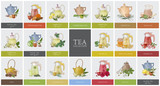 Big collection of labels or tags with various types of tea - black, green, rooibos, masala, mate, puer. Set of hand drawn tasty flavored drinks, teapots, cups and spices. Colorful vector illustration.