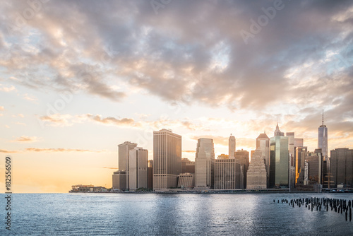 Cityscape with beautiful skyline at sunset  skyscraper in Manhattan  New York City  USA