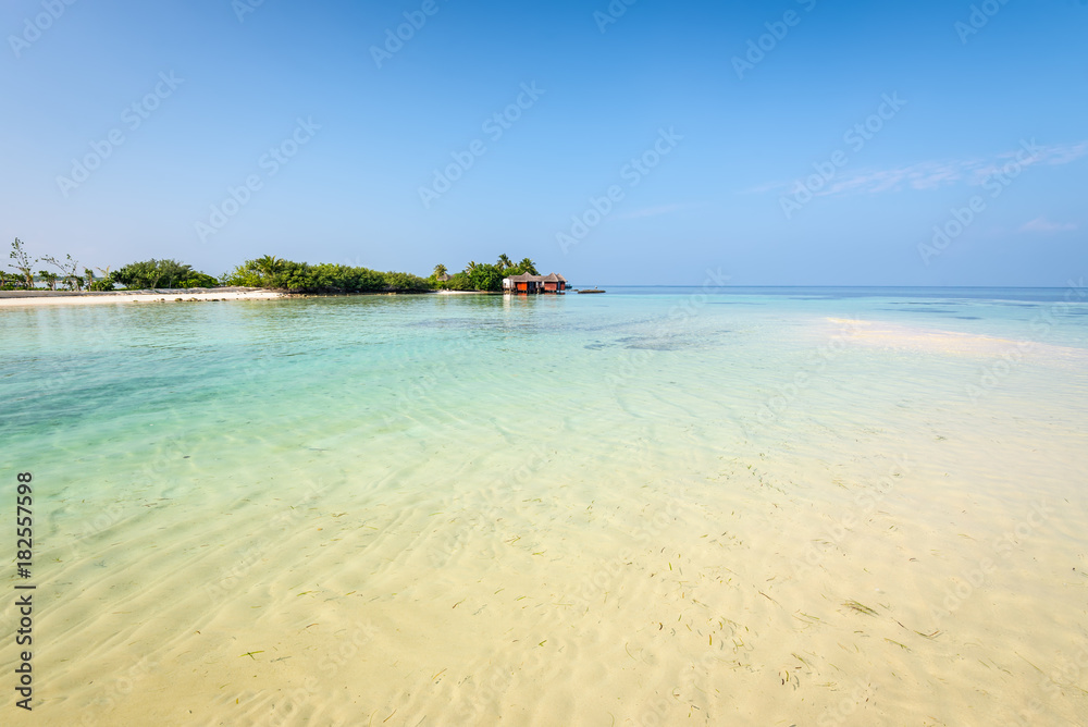 Tropical island with sandy beach with trees and turquoise clear water in Maldives, Indian Ocean, Kuraa Island. Beautiful amazing nature background. Tropical blue sun sea.