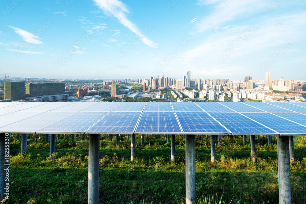 solar panel with cityscape of los angeles in cloud sky solar panel with cityscape of los angeles in cloud sky