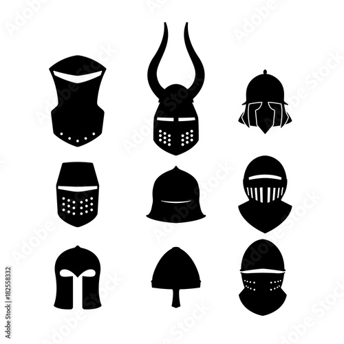Set of black icons of knightly helmets. Isolated silhouette of medieval warrior hat