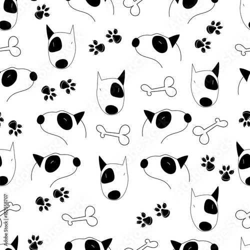 Vintage style traditional tattoo flash Bull terrier dog seamless doodle pattern with roses. Trendy stylish texture. Repeating old school tile artwork for print, textiles. Isolated vector illustration.