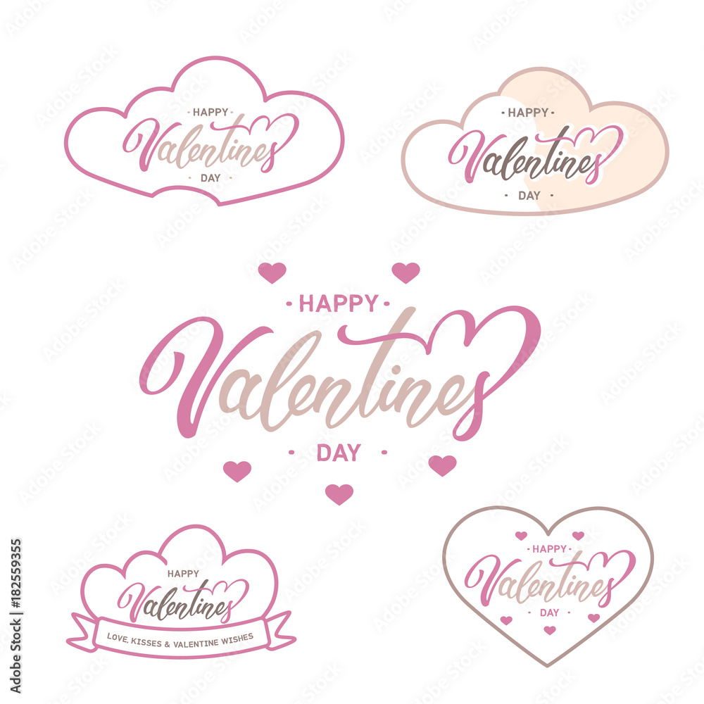 Valentines day brush hand lettering. Set of Valentine stickers. Handwritten calligraphy text for greeting cards.