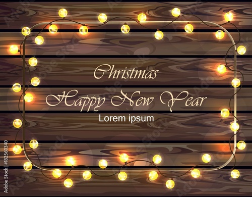 Merry Christmas wood board with lights Vector realistic illustration. Happy H...