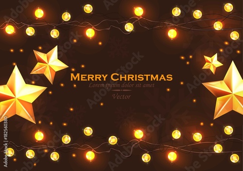 Merry Christmas card with lights Vector realistic illustration. Happy Holidays backgrounds